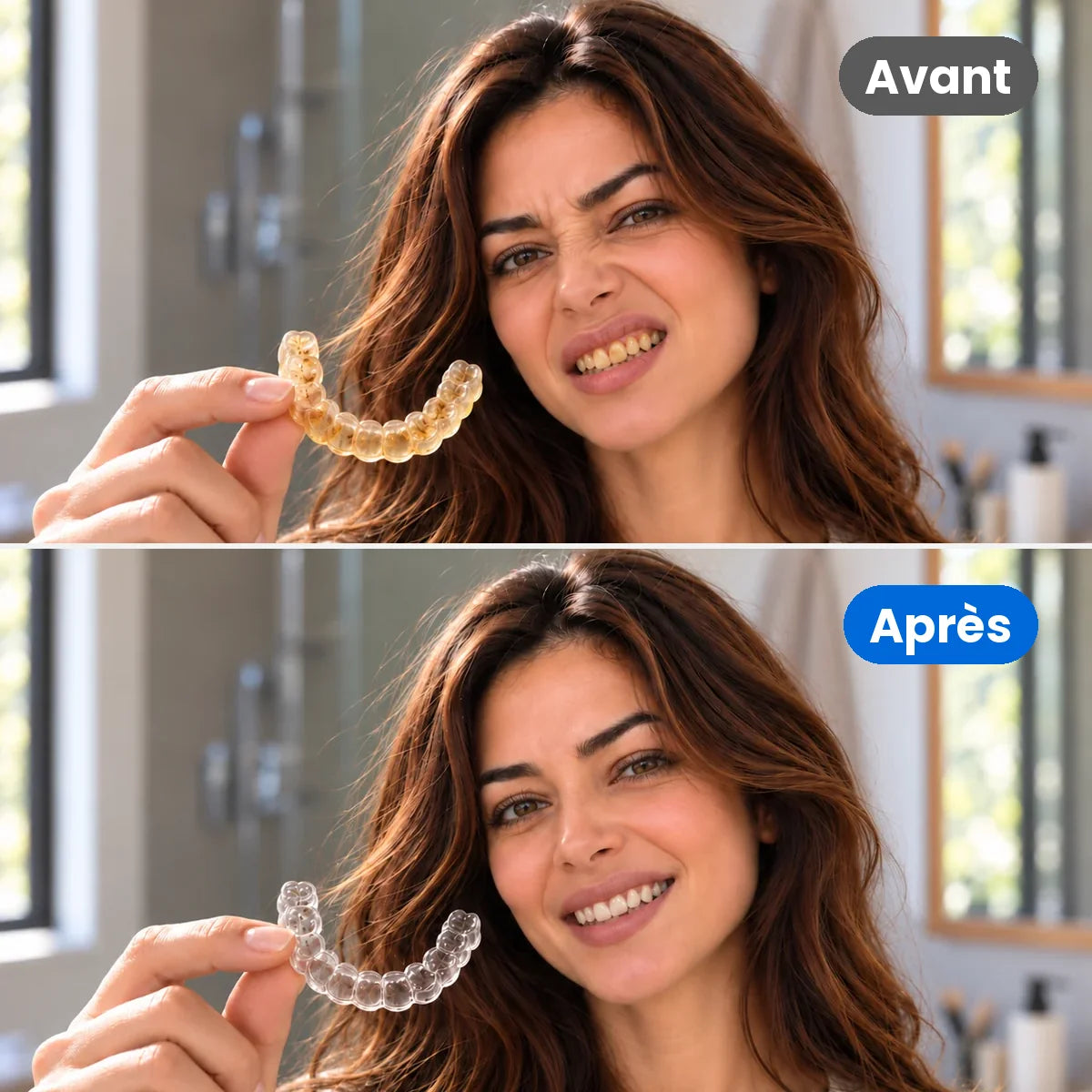 Avant et après : gouttière jaunie puis transparente