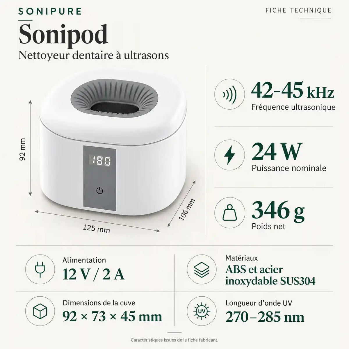 Fiche technique du Sonipod : dimensions, puissance, poids, matériaux
