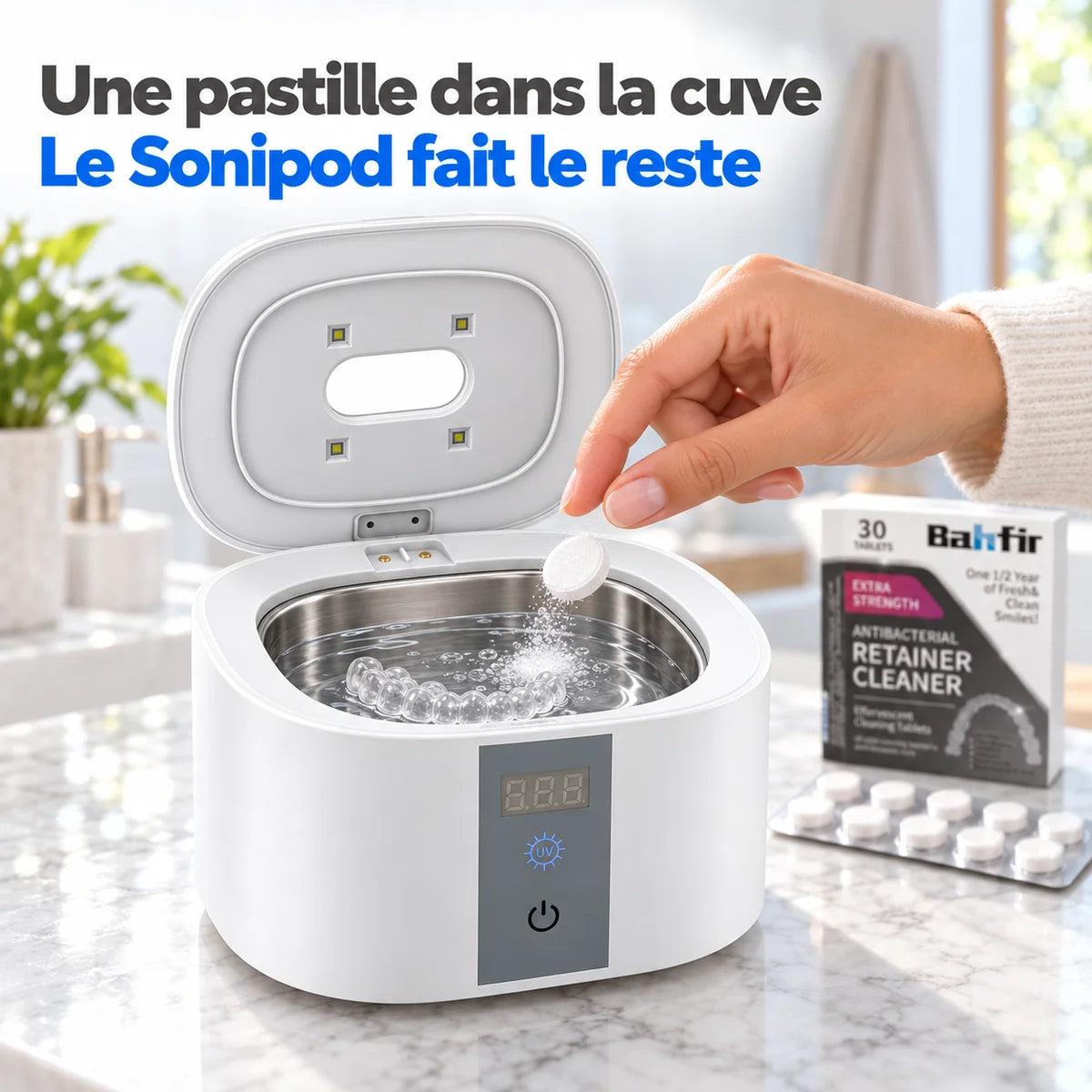 Une pastille déposée dans la cuve du Sonipod