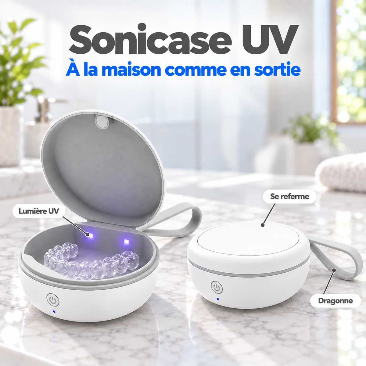 Sonicase UV ouvert et fermé, avec lumière UV et dragonne